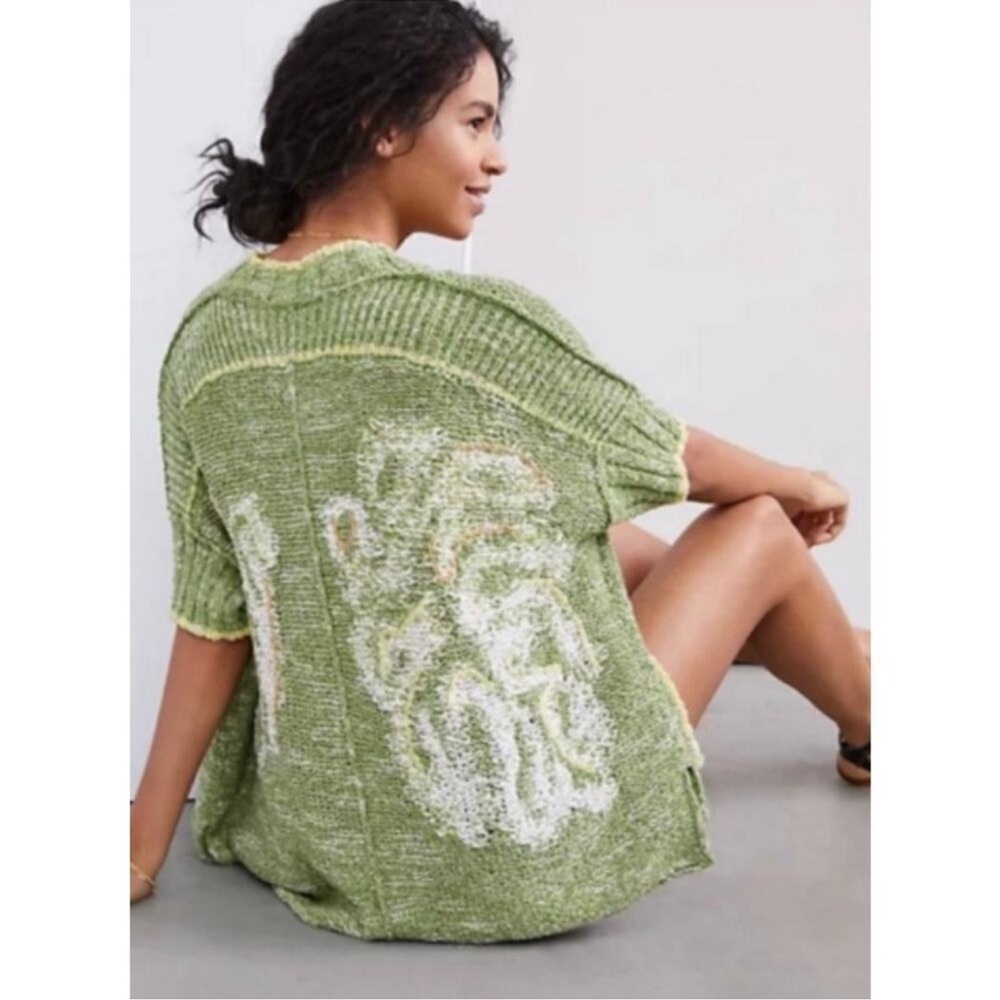 Green Short-Sleeve Knit Sweater Cardigan